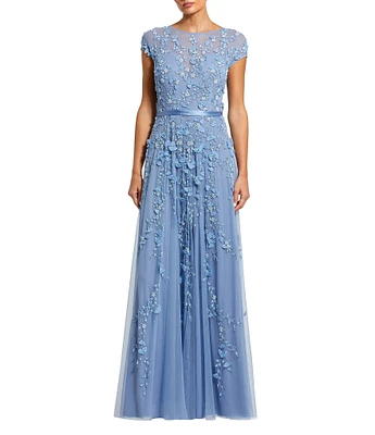 Mac Duggal Illusion Round Neck Cap Sleeve Floral Embellished Mesh Aline Gown