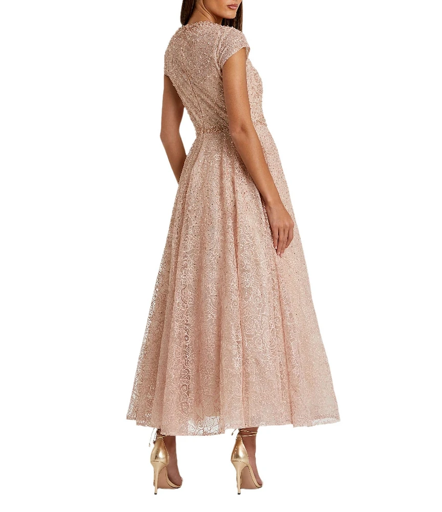 Mac Duggal Crew Neck Cap Sleeve Embellished A-Line Dress