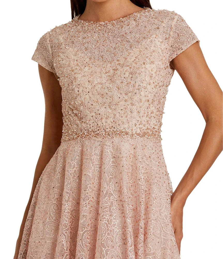 Mac Duggal Crew Neck Cap Sleeve Embellished A-Line Dress