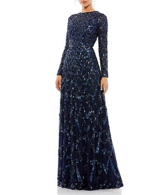 Mac Duggal Round Neck Embellished Mesh Illusion Long Sleeve A-line Gown