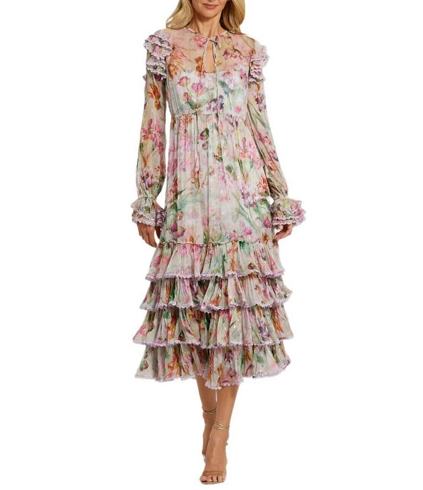 Mac Duggal Keyhole Tie Neck Long Sleeve Tiered Ruffle Printed Chiffon Midi Dress