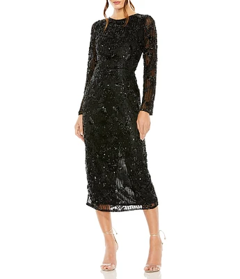 Mac Duggal Long Sleeve Crew Neck Embellished Midi Dress