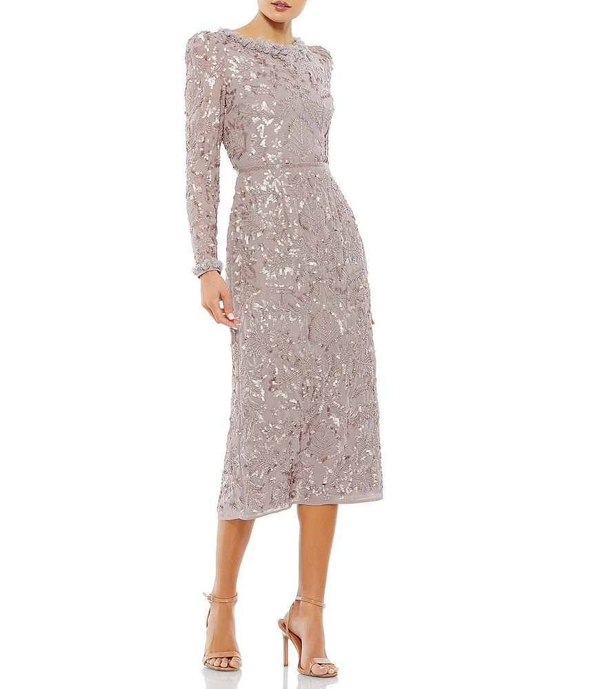 Mac Duggal Long Sleeve Crew Neck Embellished Midi Sheath Dress