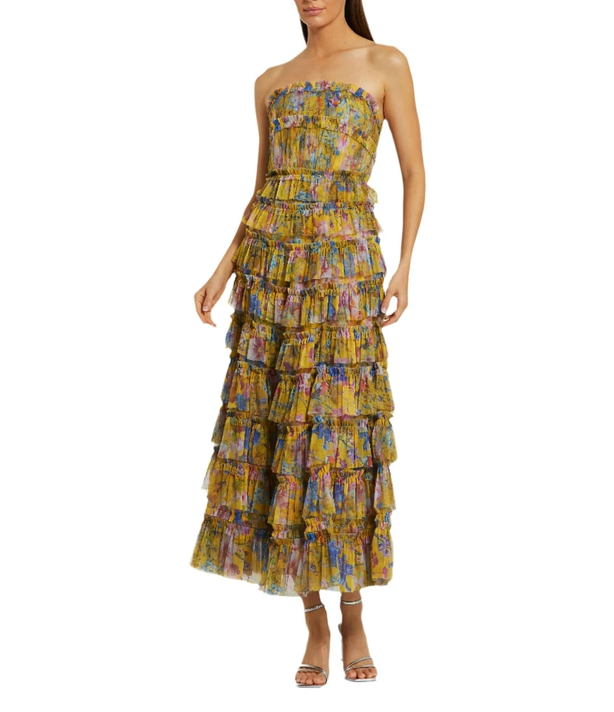 Mac Duggal Mesh Floral Print Strapless Neck Sleeveless Micro Ruffle A-Line Midi Dress
