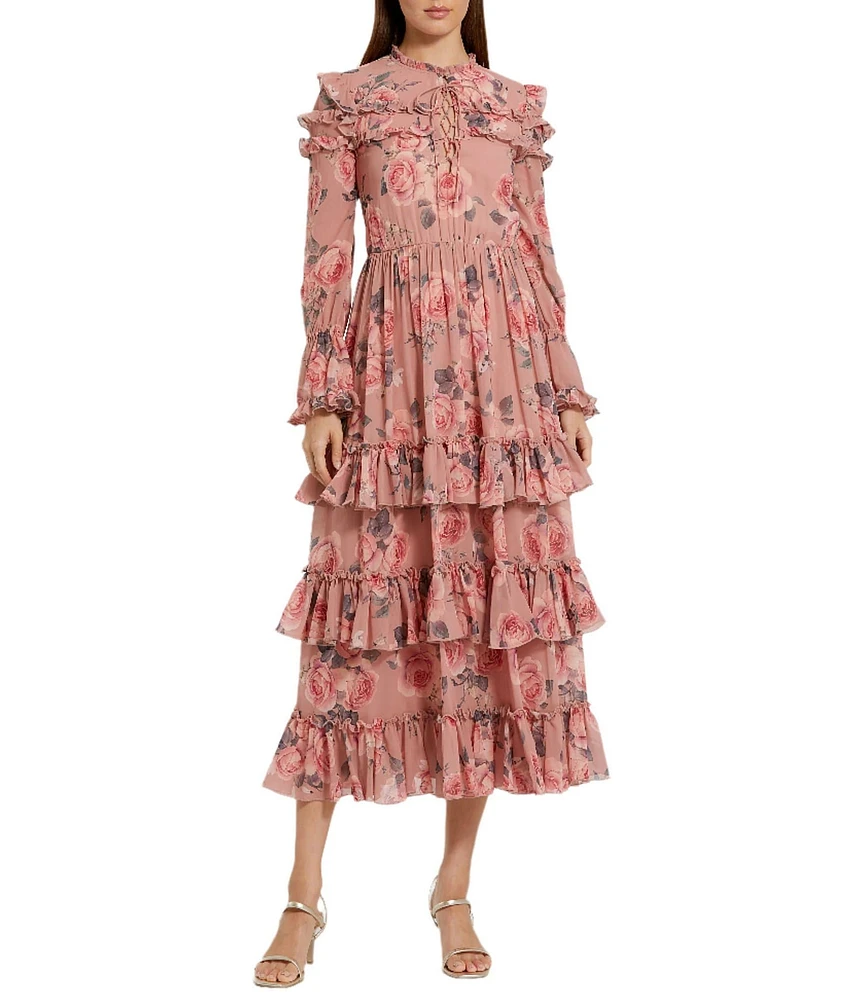 Mac Duggal Mock Neck Lace Up Front Long Sleeve Tiered Ruffle Floral Print Chiffon Midi Dress