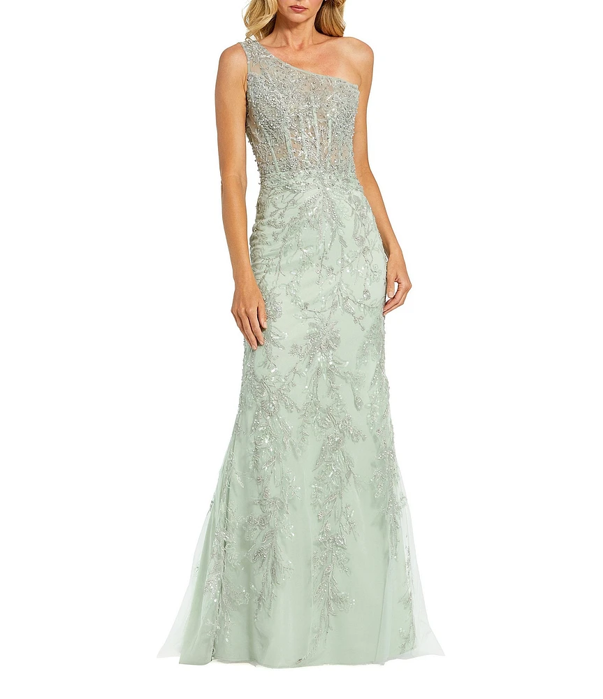 Mac Duggal One Shoulder Corset Embellished Mesh Sheath Gown