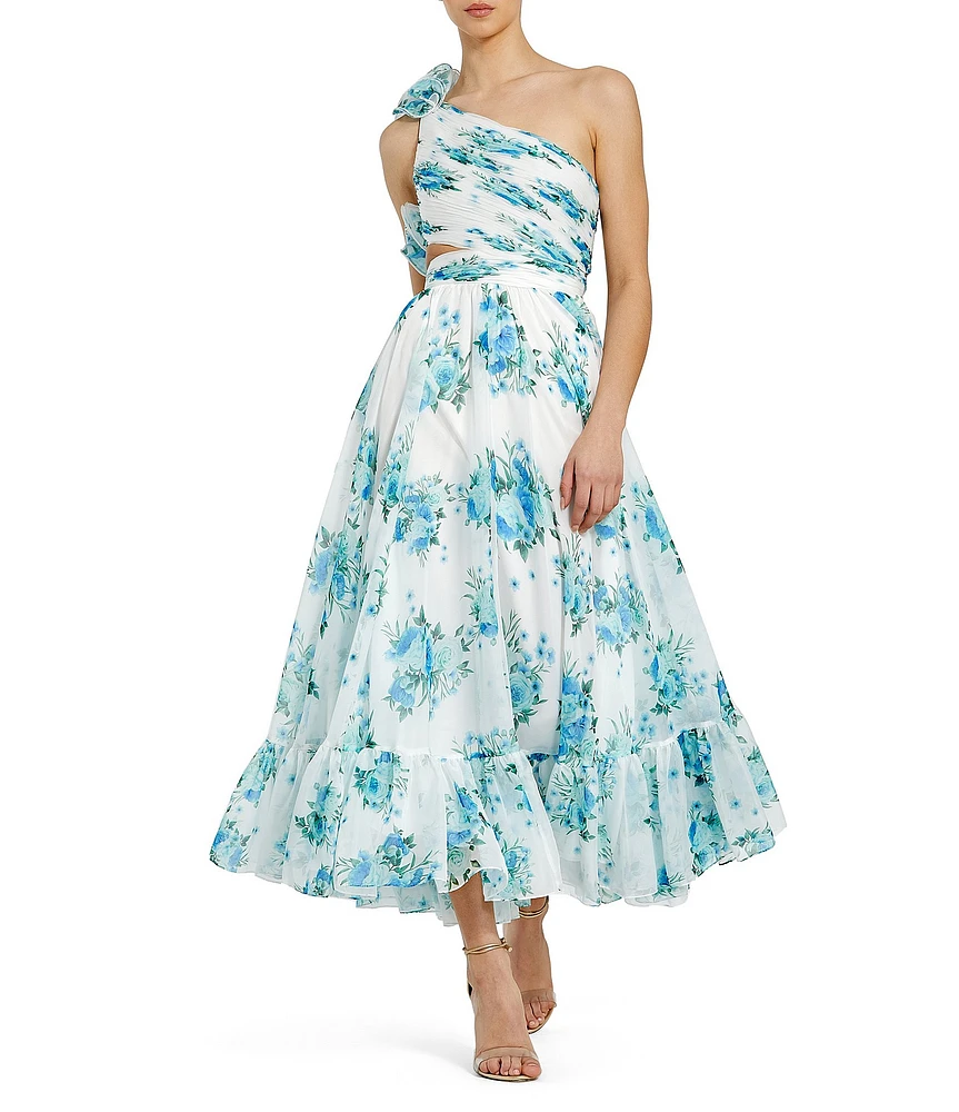 Mac Duggal One Shoulder Cut Out Floral Print Chiffon Midi Dress