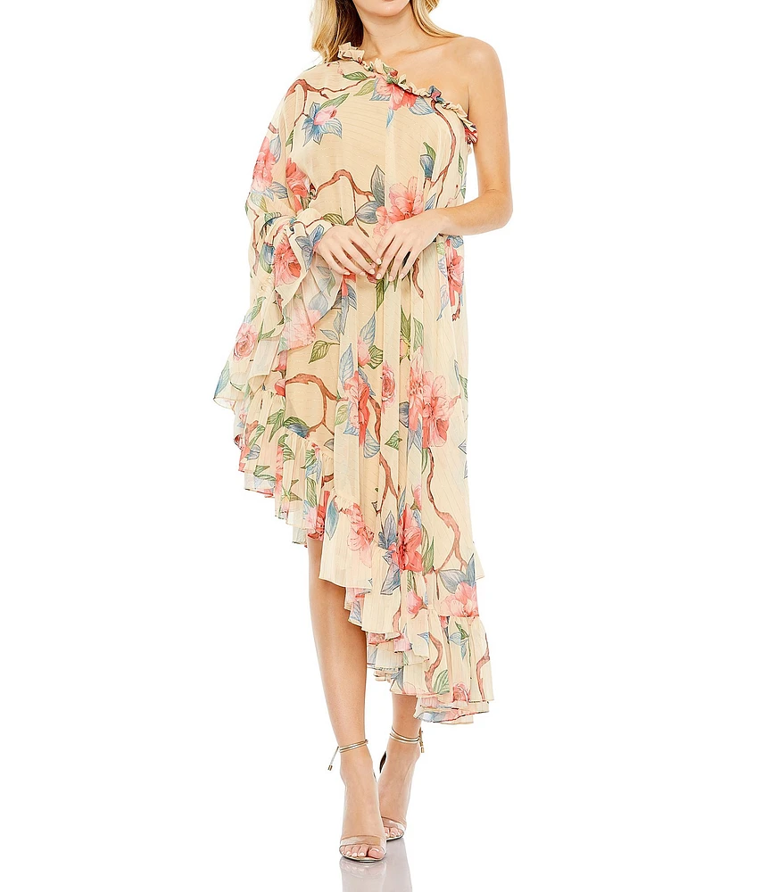 Mac Duggal One Shoulder Dress Long Sleeve Ruffled Asymmetrical Hemline Cape Back Midi Dress