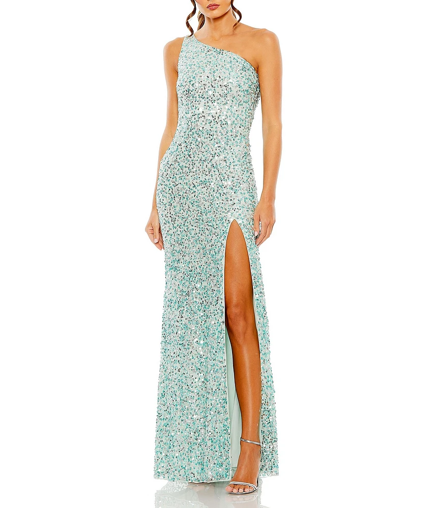 Mac Duggal One Shoulder Front Slit Sequin Column Gown
