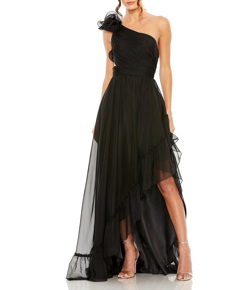 Mac Duggal One Shoulder Ruffle Sleeveless Cut Out Asymmetrical Hem High-Low Gown