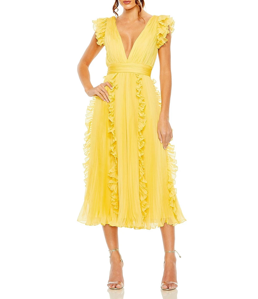 Mac Duggal Pleated Chiffon Deep V-Neck Flutter Sleeve Ruffle Midi Dress
