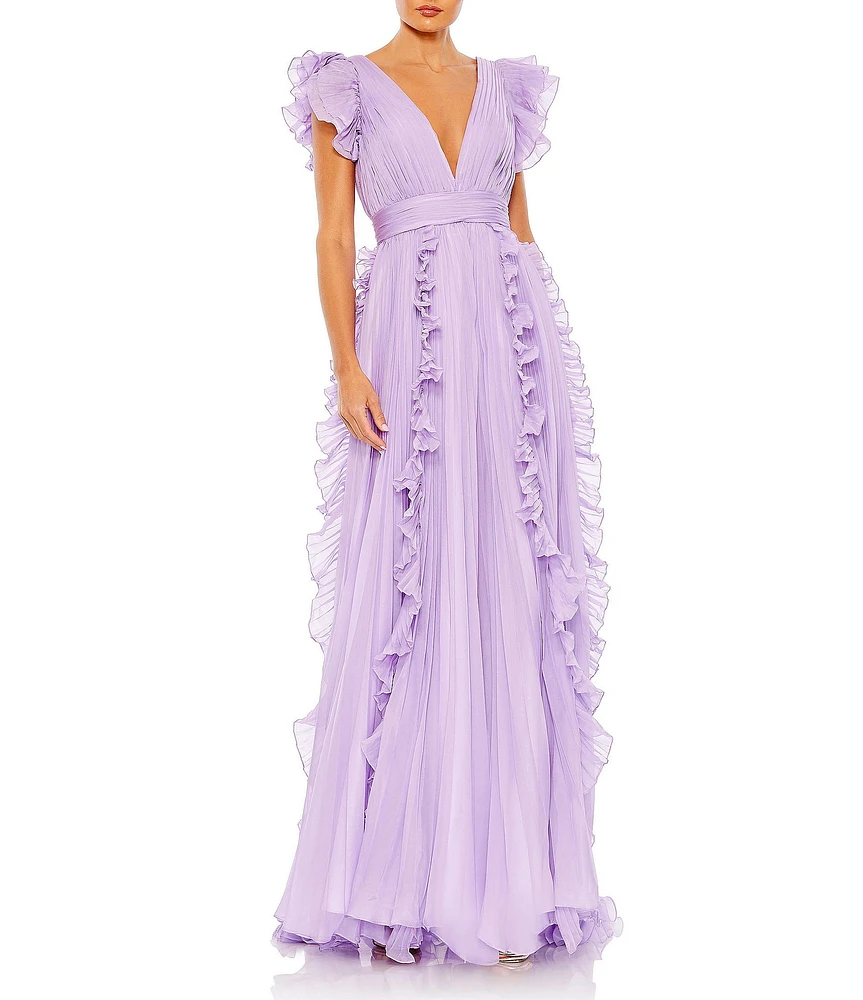 Mac Duggal Pleated Ruffle Cap Sleeve Deep V-Neck Flowy A-Line Gown