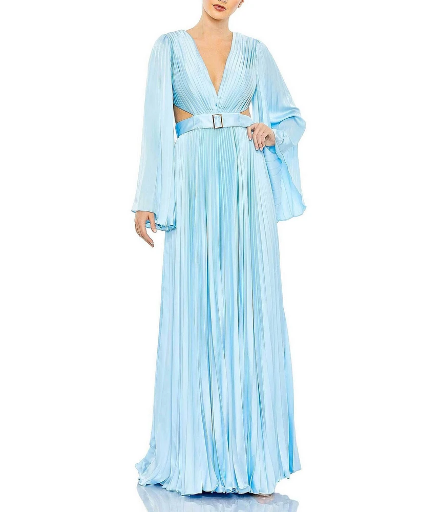 Mac Duggal Pleated V-Neck Long Bell Sleeve Side Cut-Out Gown
