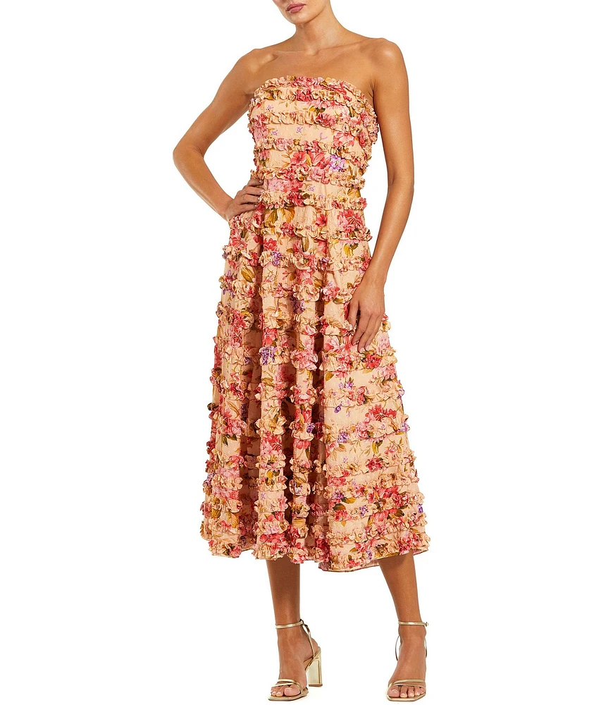 Mac Duggal Ruffle Strapless Floral Midi Dress