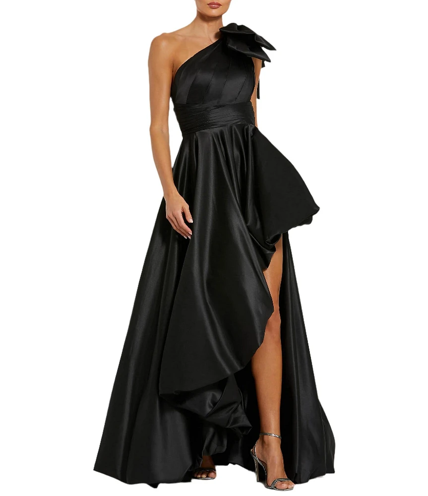 Mac Duggal Satin One Shoulder Neck Sleeveless Bow Detail High Slit Gown