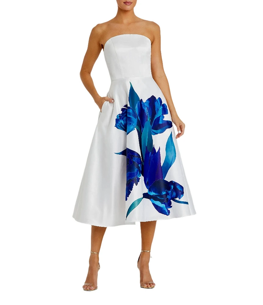 Mac Duggal Satin Placement Floral Print Strapless Neck Sleeveless A-Line Midi Dress