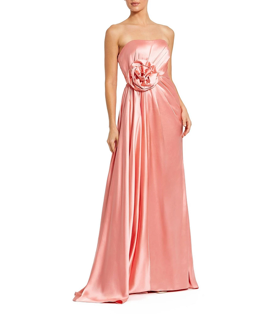 Mac Duggal Satin Strapless Neck Sleeveless Rosette A-Line Gown