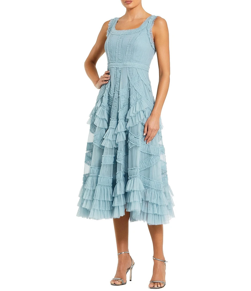 Mac Duggal Scoop Neck Sleeveless Micro Ruffle Mesh Aline Midi Dress