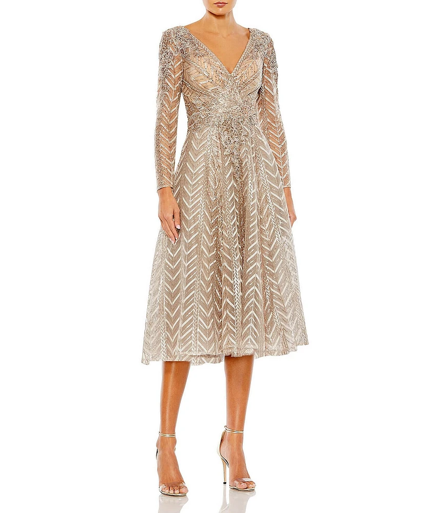 Mac Duggal Sequin Beaded Surplice V-Neck Long Sleeve A-Line Midi Dress