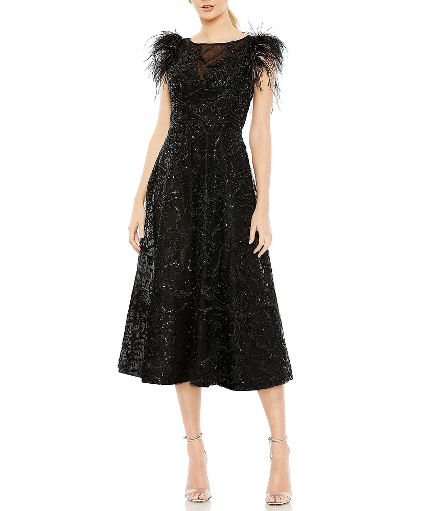 Mac Duggal Sequin Embellished Illusion Boat Neck Feather Shoulder Sleeveless Midi Dress