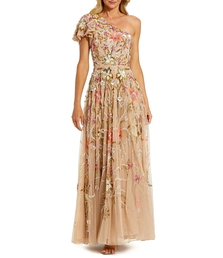 Mac Duggal Sequin One Shoulder Short Flutter Sleeve Gown