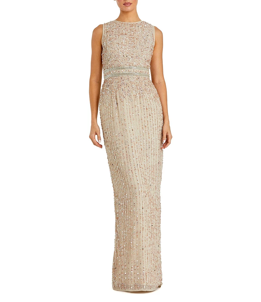 Mac Duggal Sequin Sleeveless High Crew Neck Back Slit Sheath Gown