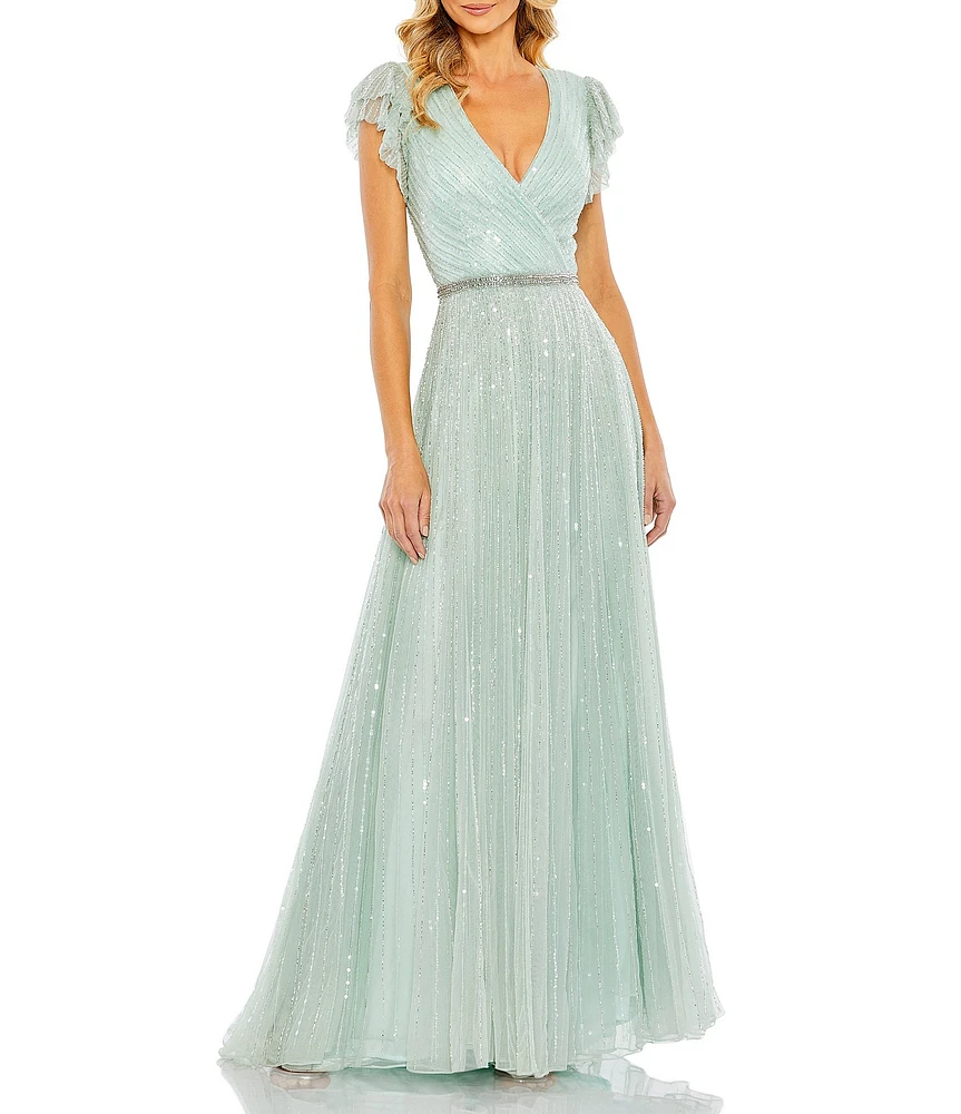 Mac Duggal Sequin Wrap Over Surplice V-Neck Ruffle Cap Sleeve Gown