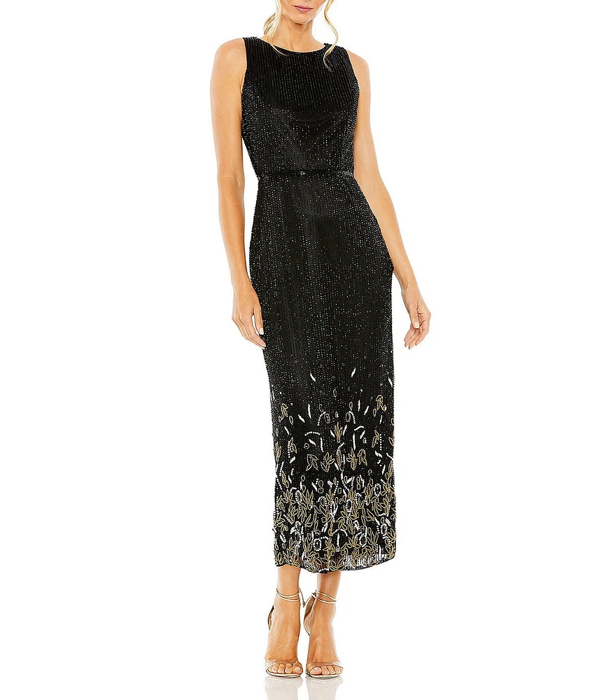 Mac Duggal Sleeveless Crew Neck Beaded Column Maxi Dress