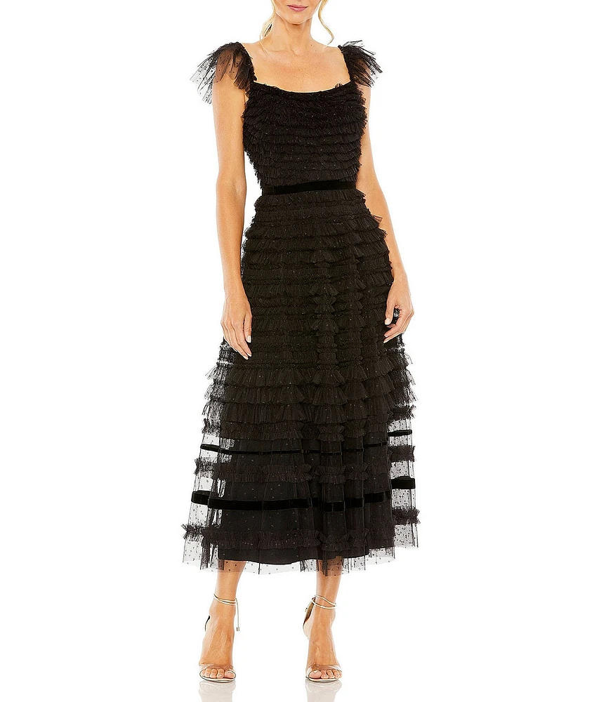 Mac Duggal Square Neck Tiered Ruffle Gown