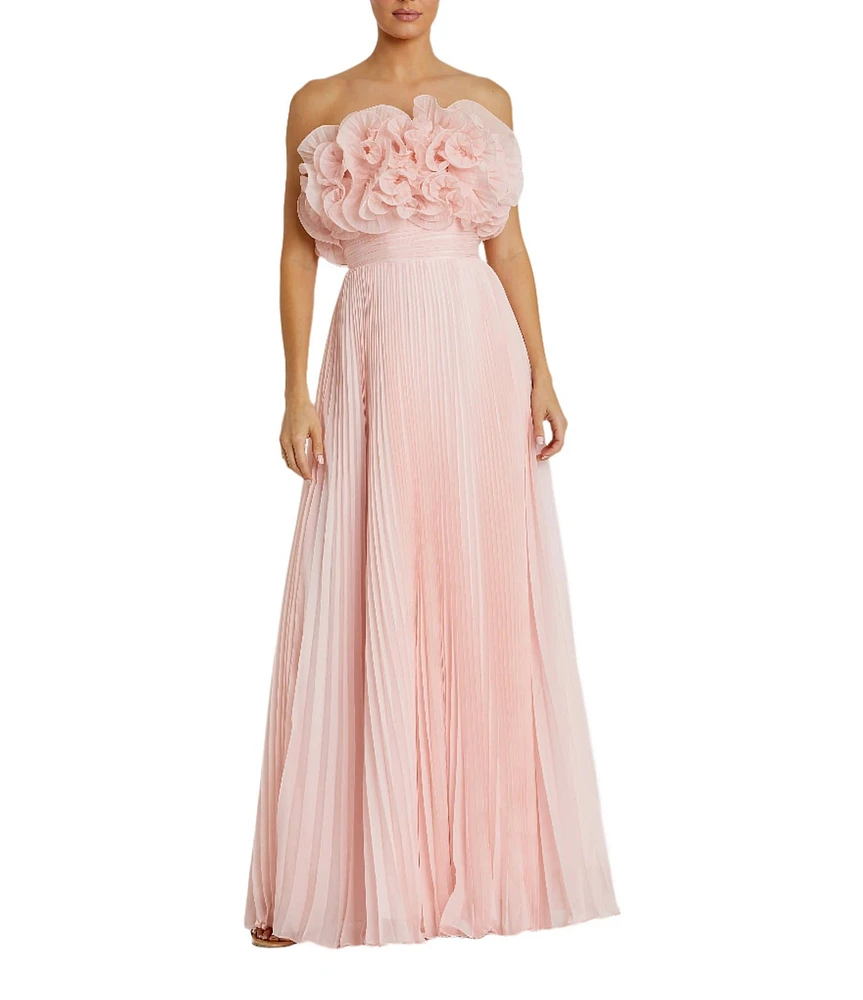 Mac Duggal Strapless 3D Ruffle Bodice Pleated Chiffon Aline Gown