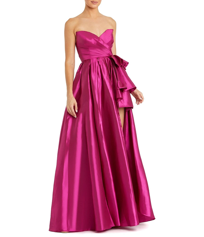 Mac Duggal Strapless Pleated Bodice Ruffle Front Taffeta Gown