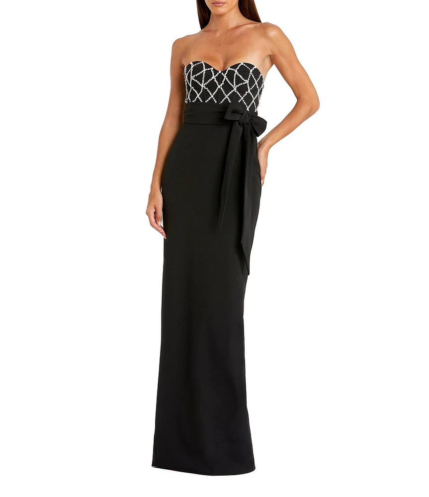 Mac Duggal Strapless Rhinestone Trim Bow Front Crepe Column Gown