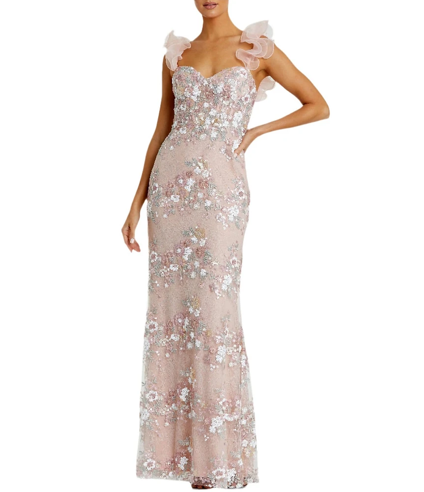 Mac Duggal Sweetheart Neck Ruffle Shoulder Floral Embroidered Column Gown