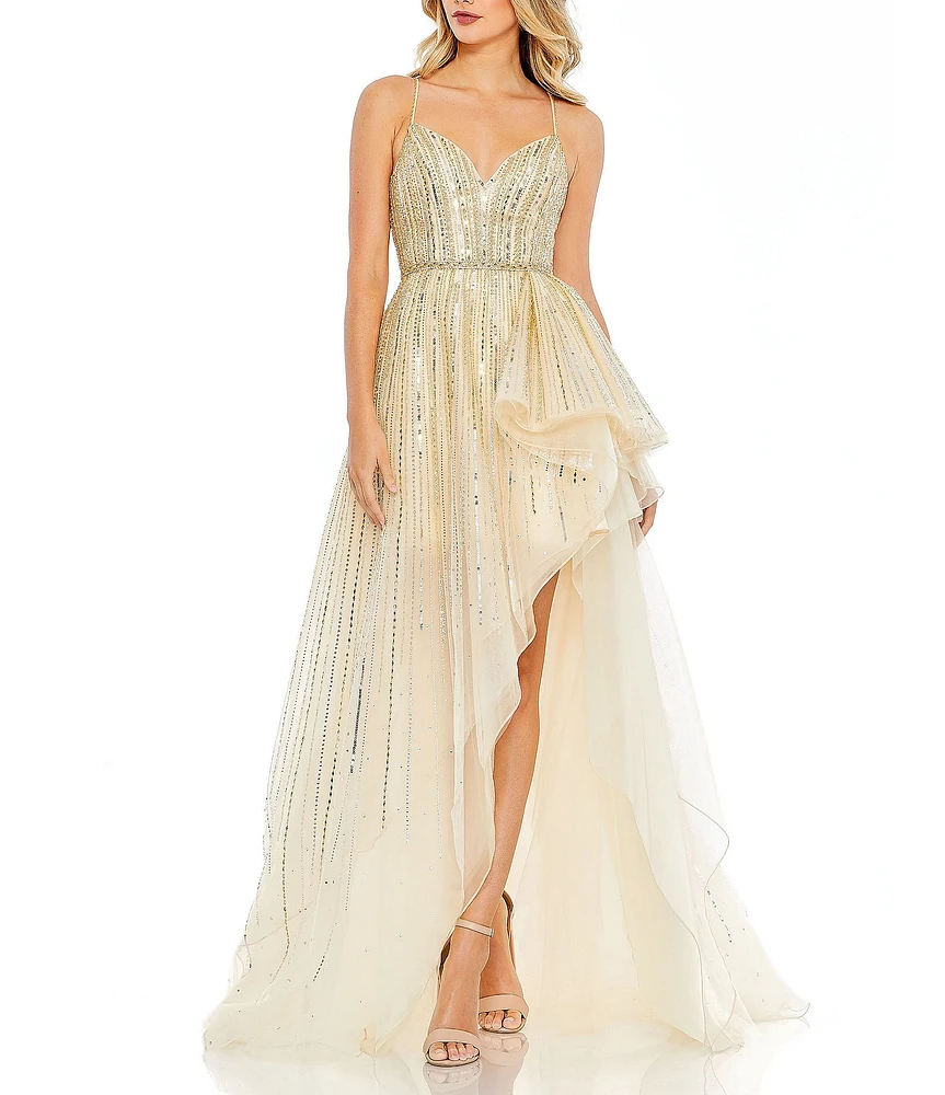 Mac Duggal Sweetheart Sequined Embellished Asymmetrical Hi Low Hem Tulle Gown