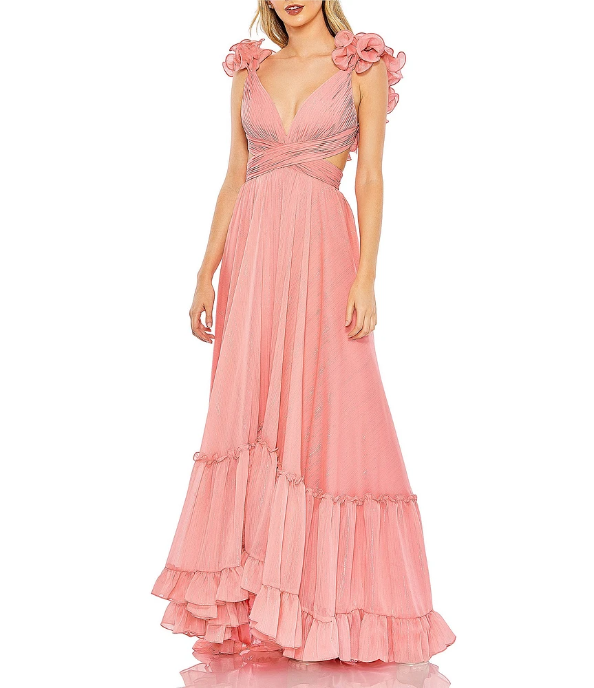 Mac Duggal V-Neck 3D Ruffle Shoulder Lace Back Chiffon A-line Gown
