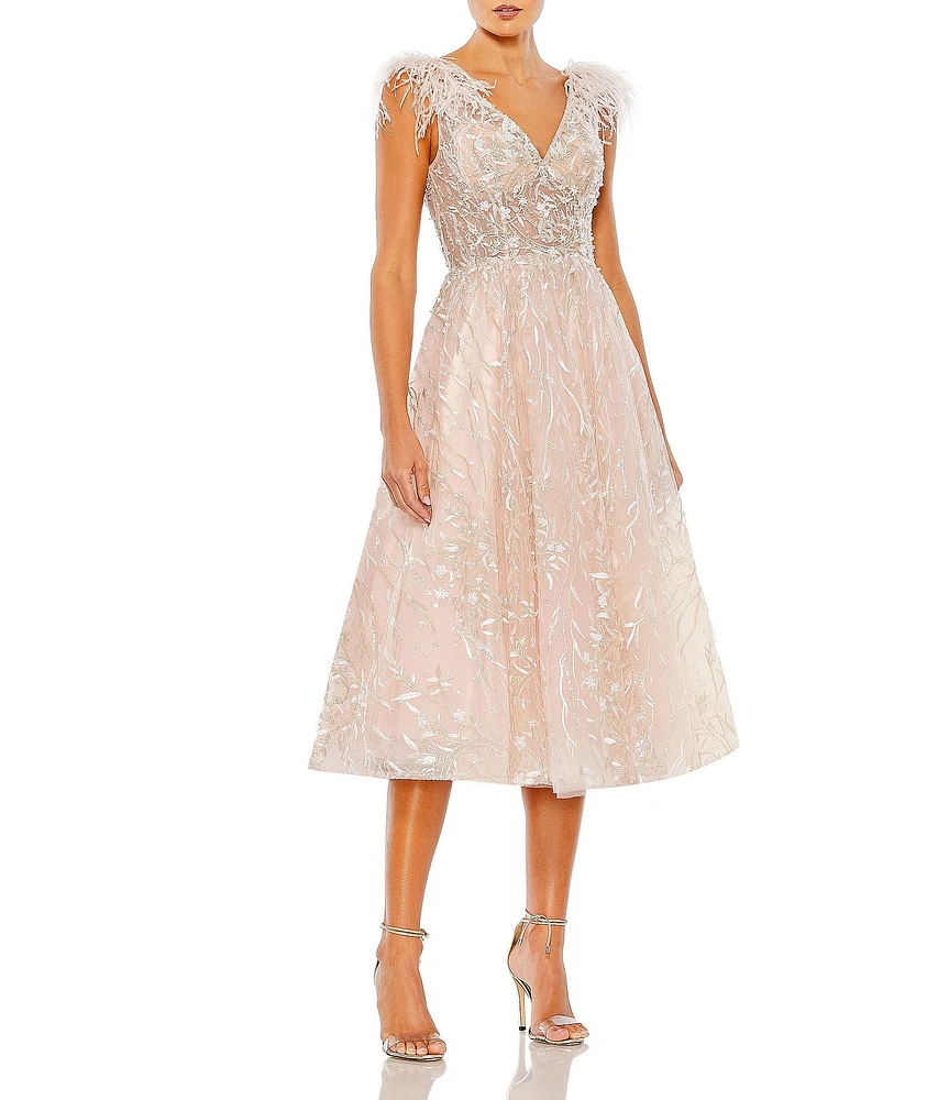 Mac Duggal V-neck Feather Trim Embroidered Mesh Aline Midi Dress