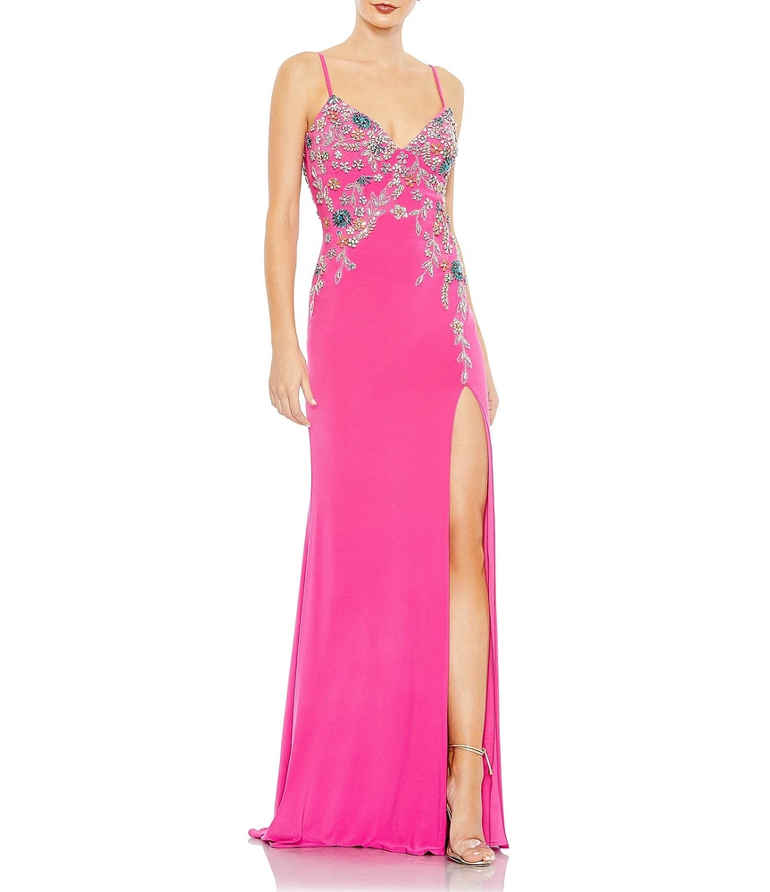Mac Duggal V-Neck Floral Beaded Jersey Column Gown