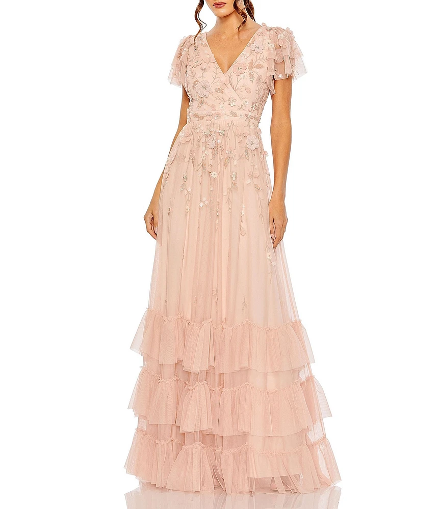 Mac Duggal V-Neck Flutter Sleeve Ruffle Tiered Embellished Gown