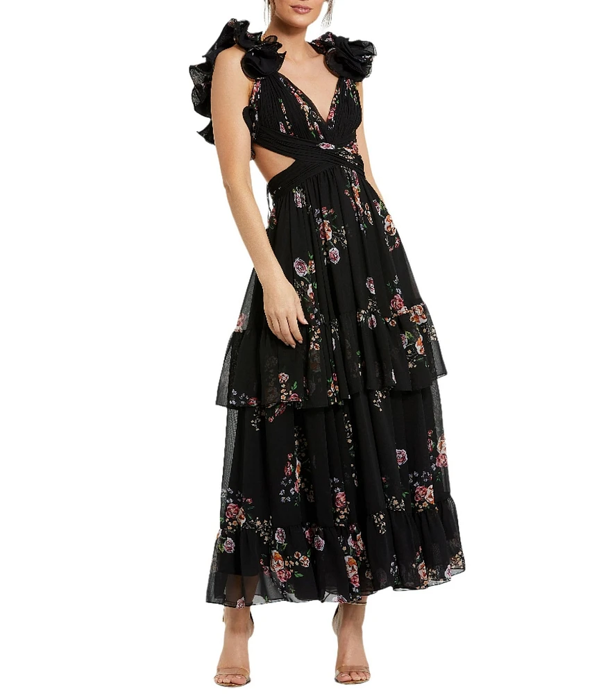 Mac Duggal V-neck Ruffle Shoulder Cut Out Tiered Hem Aline Midi Dress