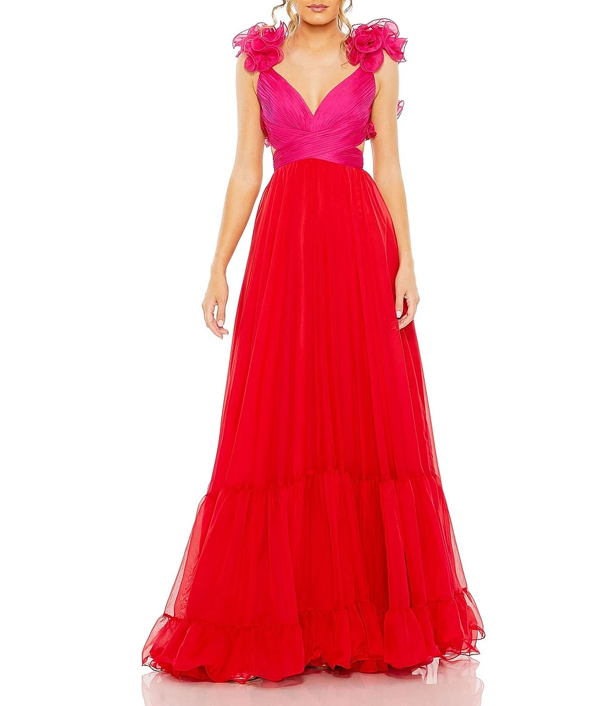 Mac Duggal V-Neck Ruffle Tiered Cut Out Gown
