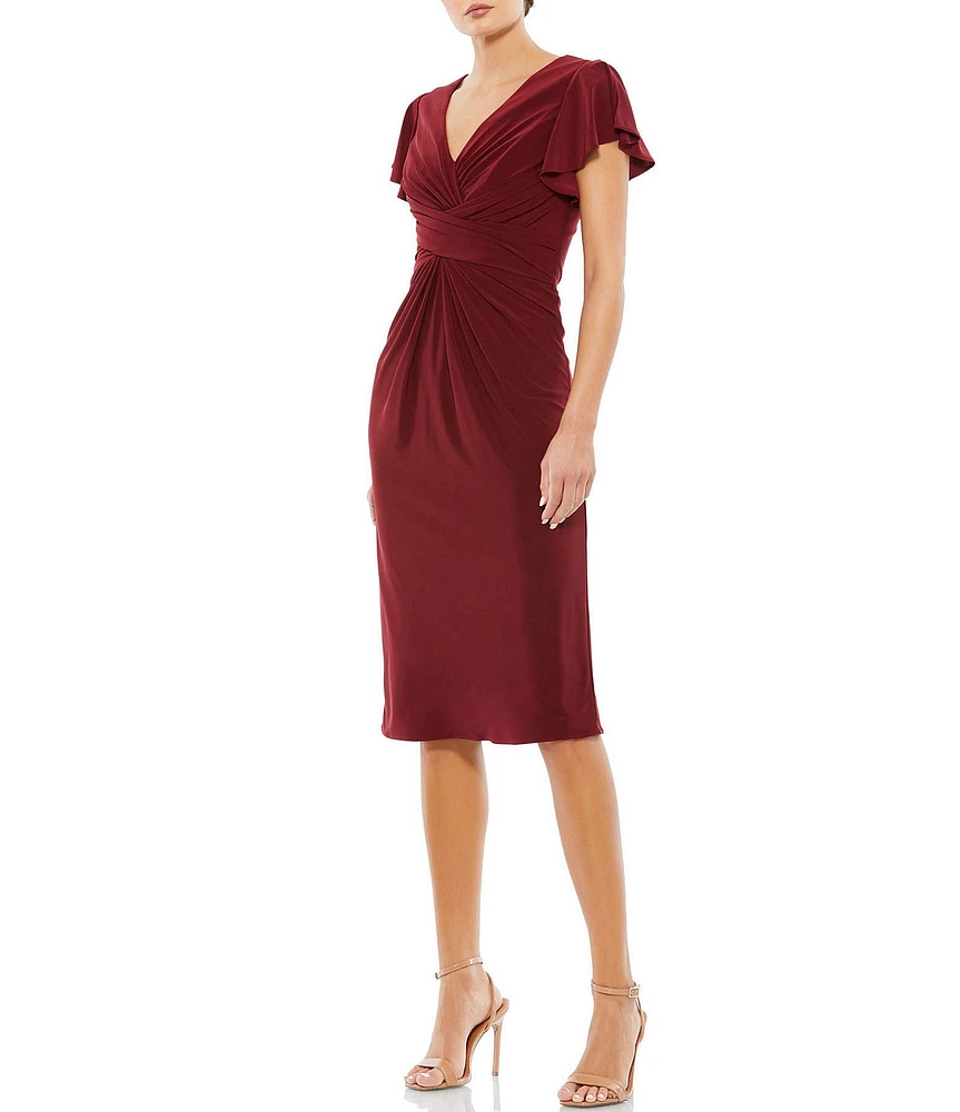 Mac Duggal V-Neck Short Flounce Sleeve Sheath Midi Dress