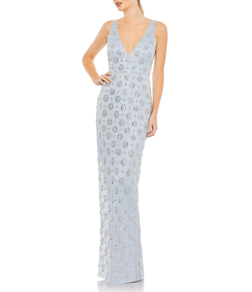 Mac Duggal V-neck Sleeveless Embellished Mesh Column Gown