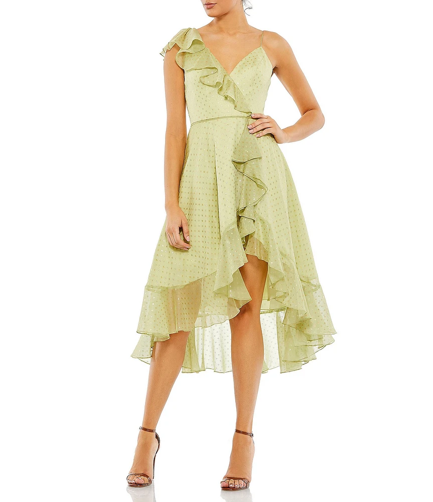 Mac Duggal V-Neck Ruffled Faux Wrap Hi Low Midi Dress