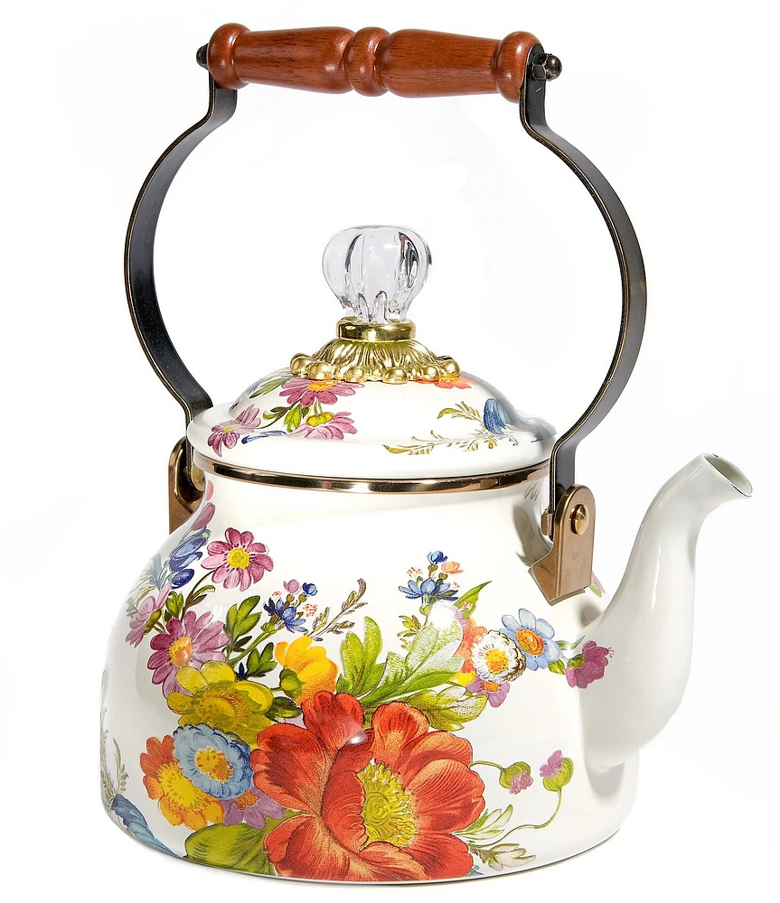 MacKenzie-Childs White Flower Market Enamel Tea Kettle