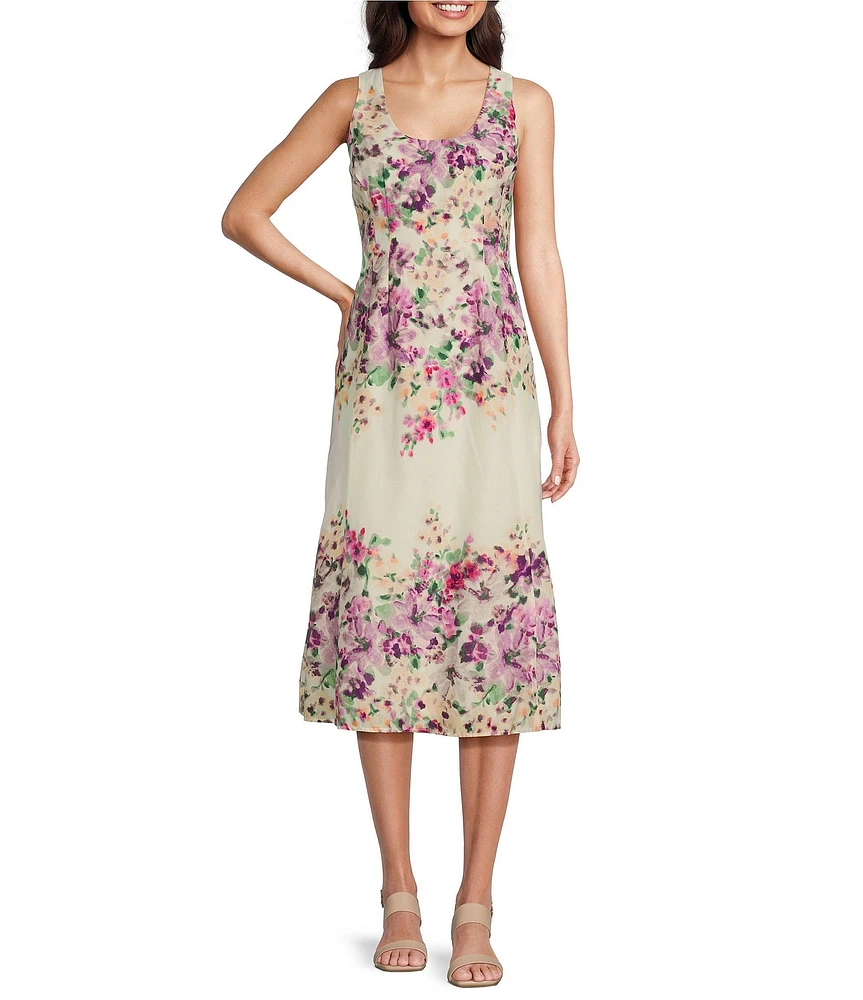 Maggy London Cotton Voile Floral Print Scoop Neck Sleeveless Fit and Flare Midi Dress