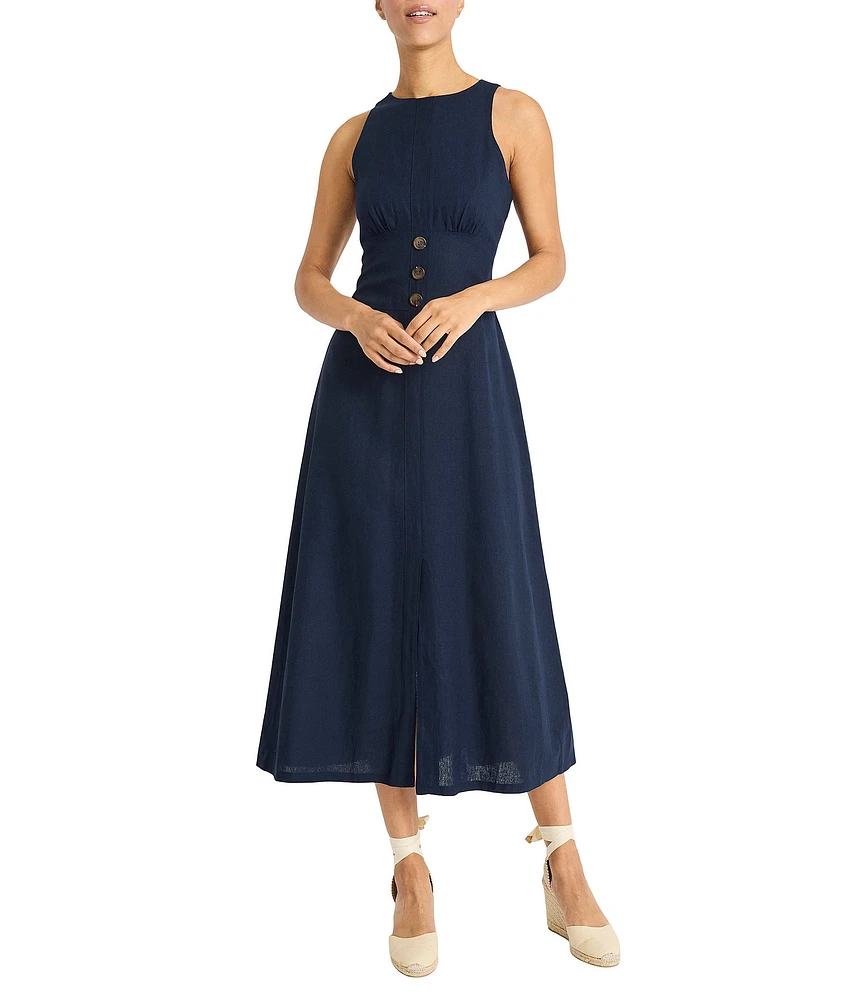 Maggy London Crew Neck Sleeveless Cut Out Back Linen Blend Midi Dress