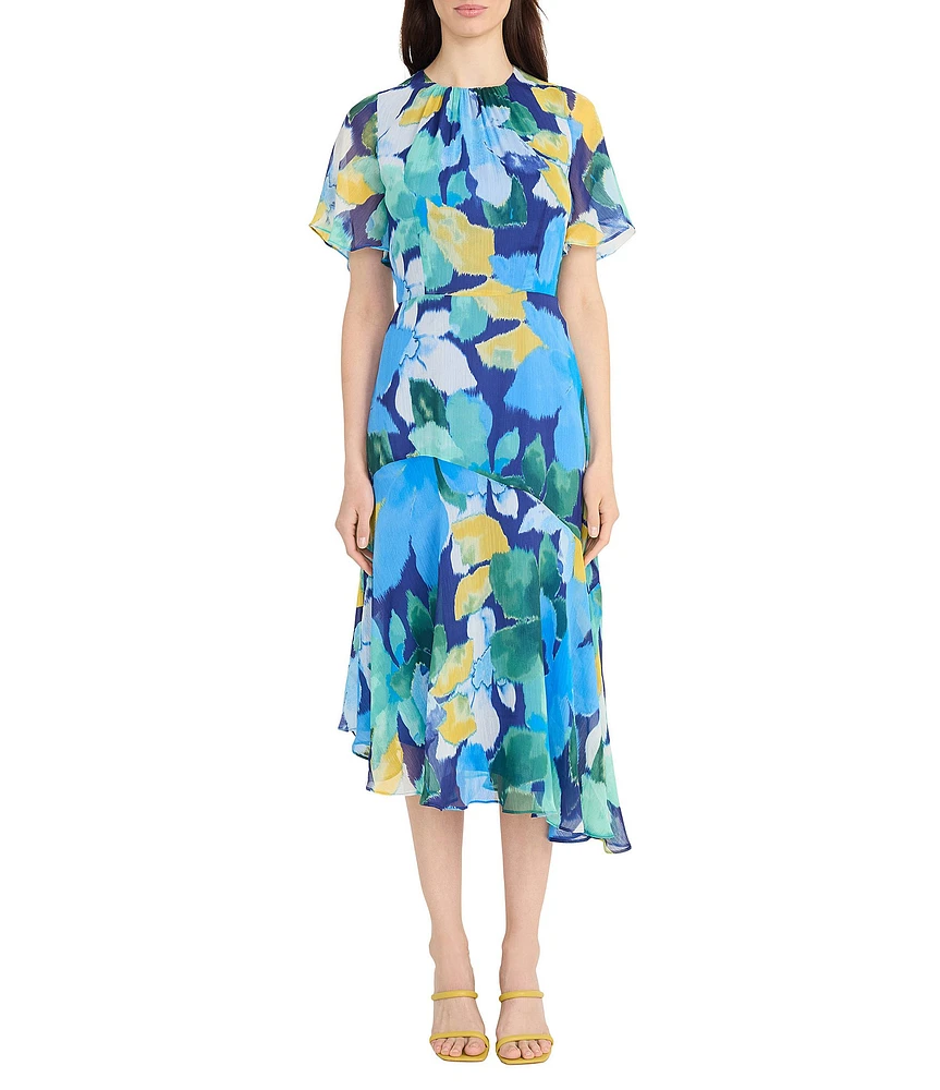 Maggy London Floral Print Round Neckline Short Sleeve Asymmetrical Hem Midi Dress