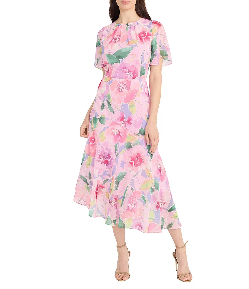 Maggy London Floral Print Short Flutter Sleeve Asymmetrical Hem Dress