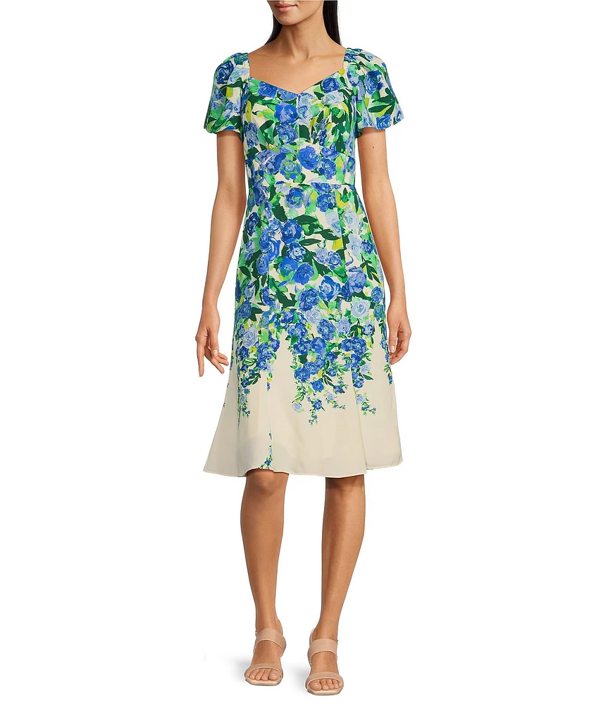 Maggy London Floral Sweetheart Neck Short Flutter Sleeve Midi Dress
