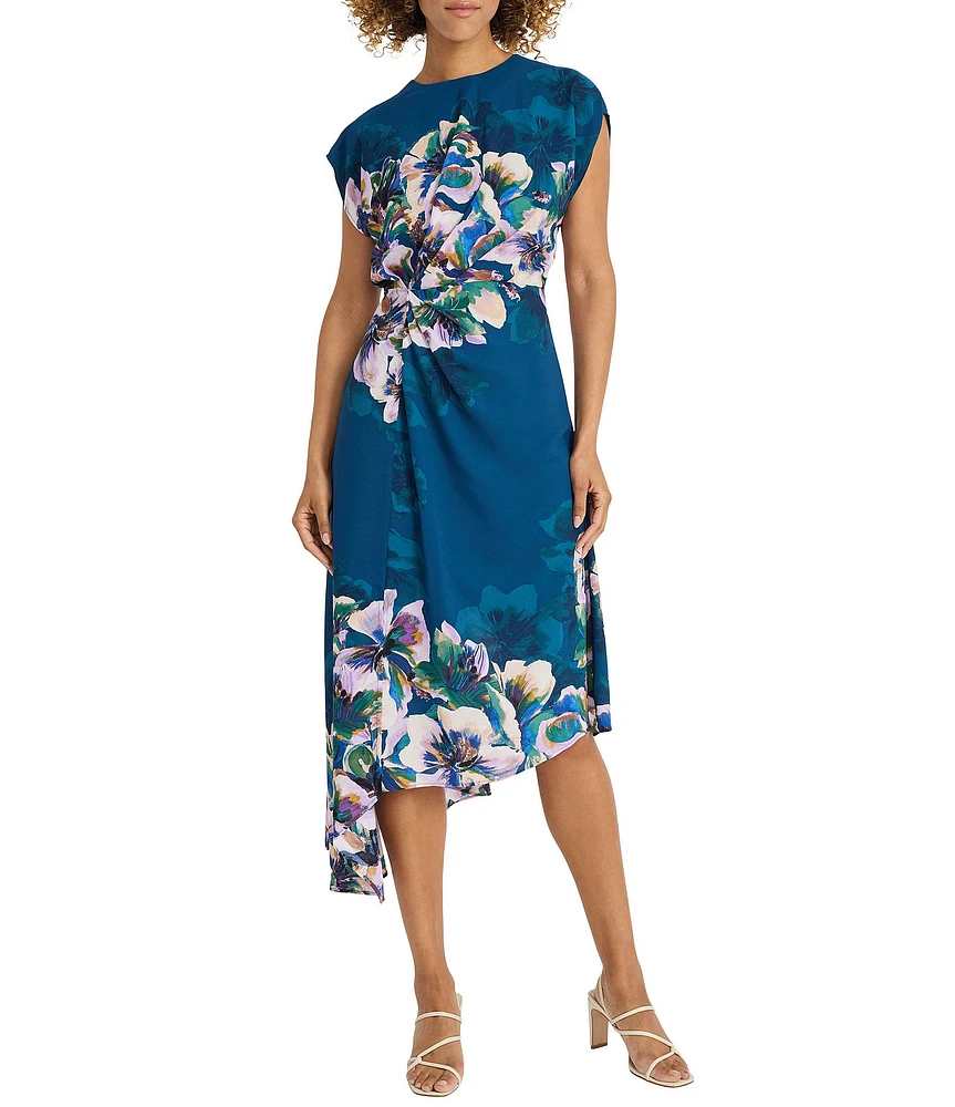 Maggy London Georgette Floral Print Round Neck Cap Sleeve Asymmetrical Hem Blouson Midi Dress